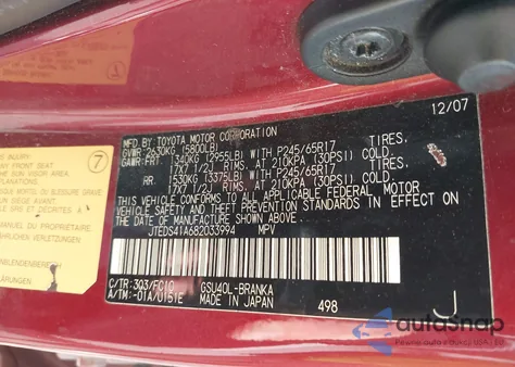 2008 Toyota Highlander z USA, uszkodzony, nr VIN JTEDS41A682033994